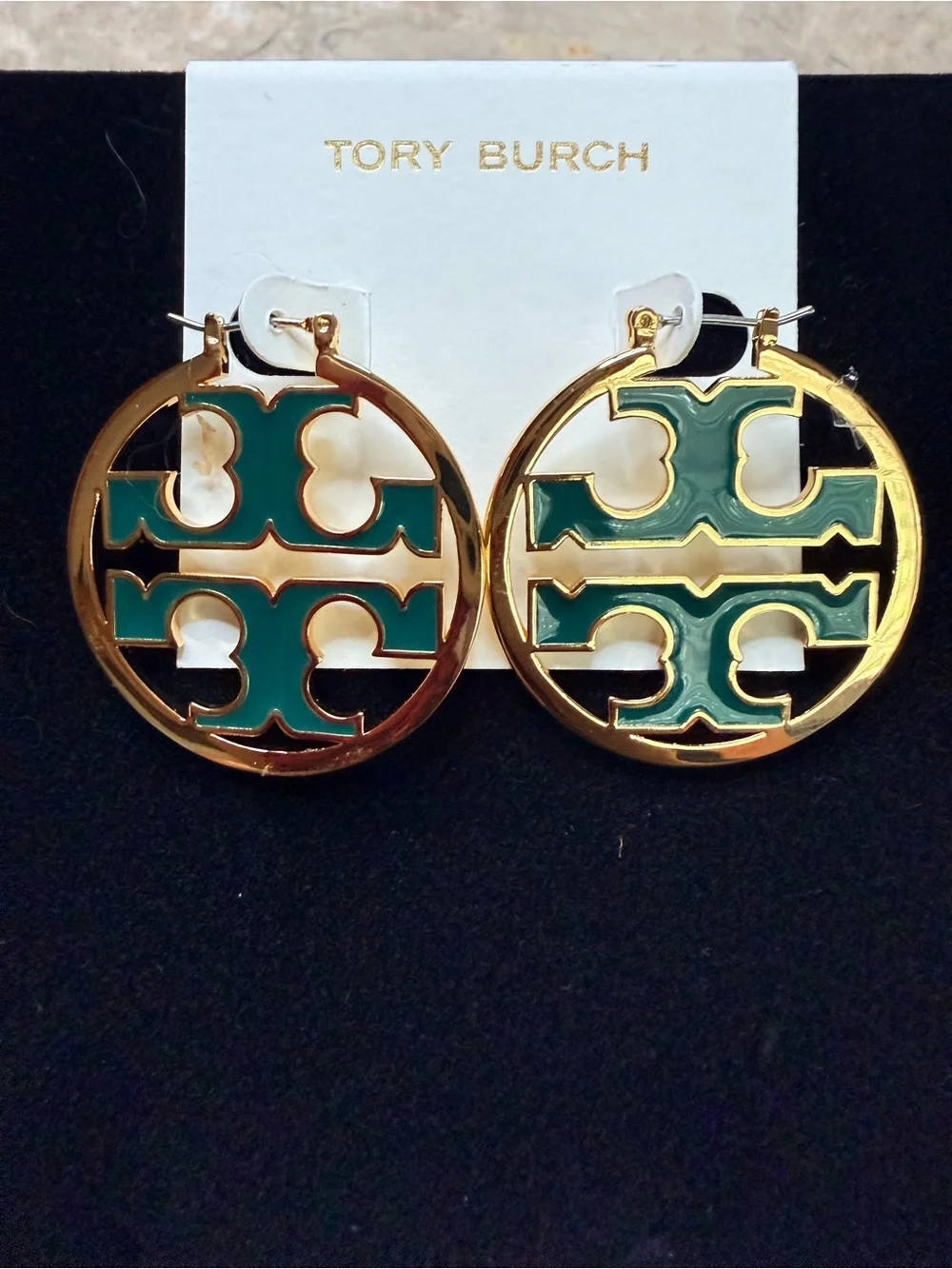 Tory Burch Gold Hoop Earrings with Green Enamel Logo